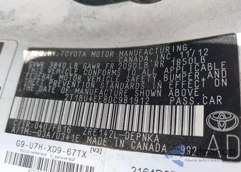 2013 Toyota Corolla Le из США, поврежденный, VIN 2T1BU4EE8DC981912